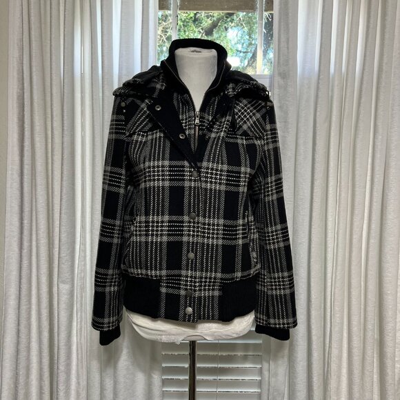 New York & Company Plaid Hooded Jacket Black White M Snap Zip Wool Blend - Picture 4 of 12